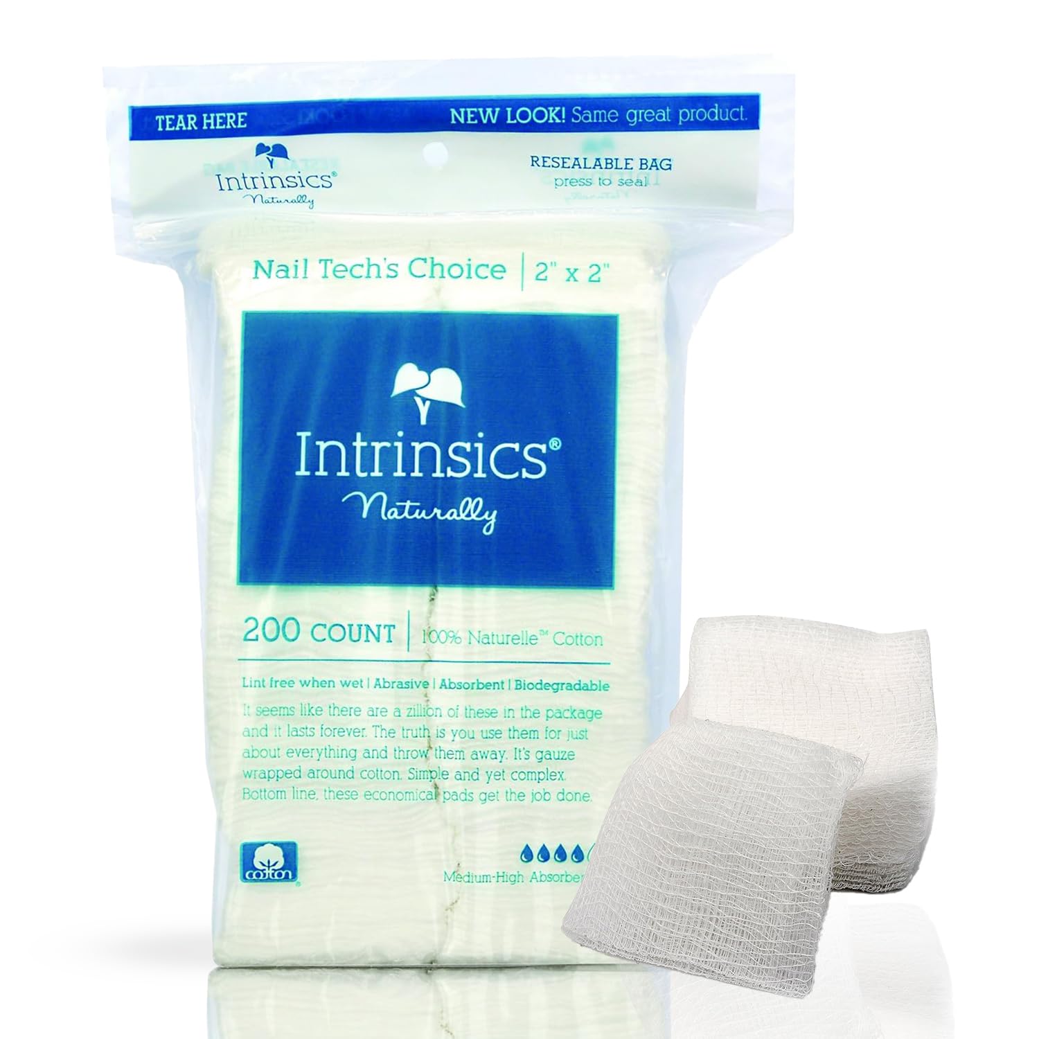 Intrinsics Naturally, 100% Naturelle Nail 2" x 2" Cotton-Fill Gauze (200 Count)