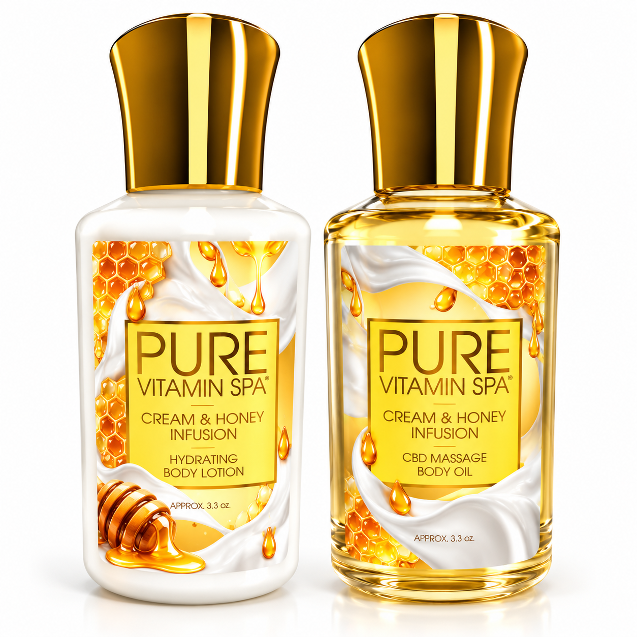 Pure Vitamin Spa Gift Set Massage Oil & Lotion 3.3 oz - Cream & Honey Infusion