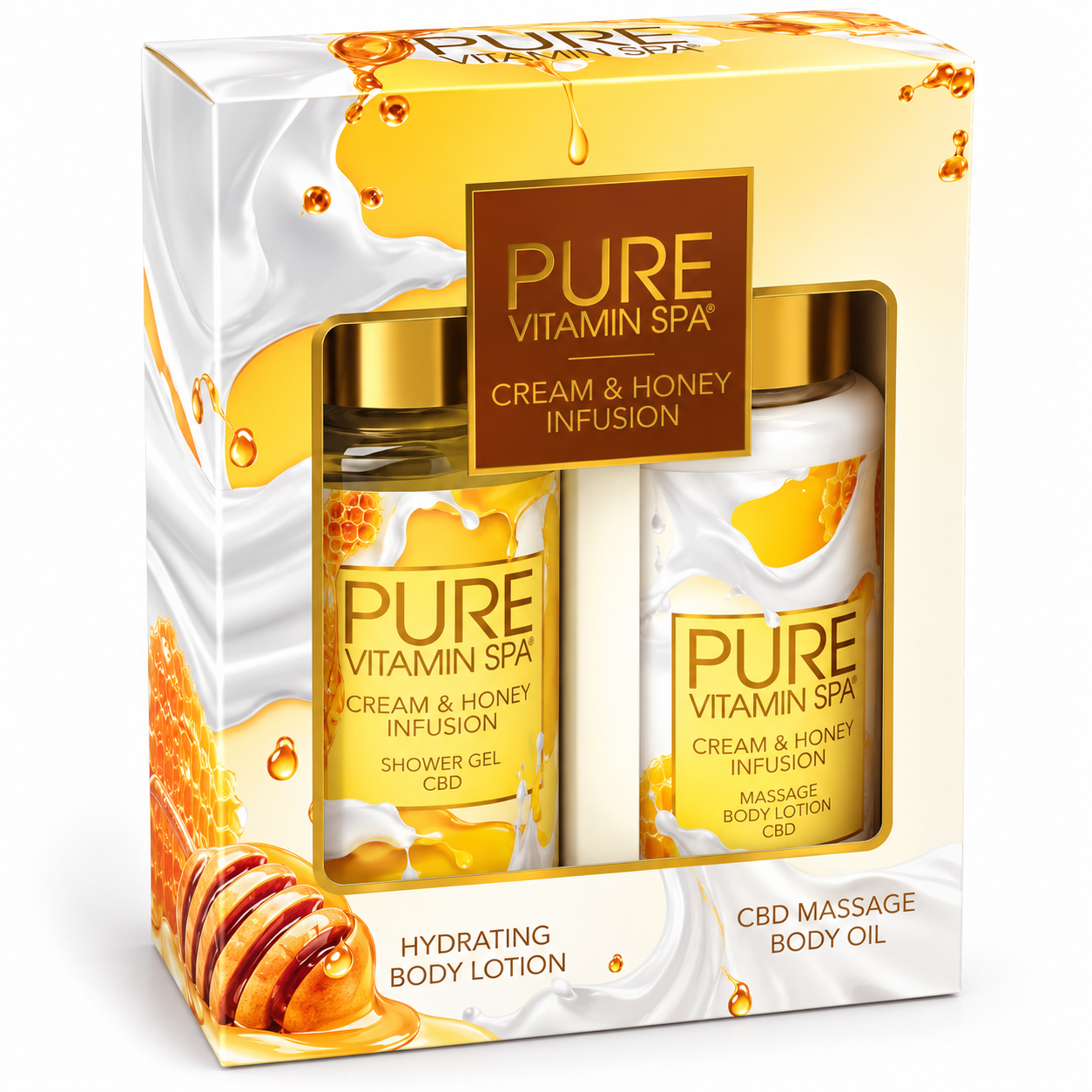 Pure Vitamin Spa Gift Set Massage Oil & Lotion 3.3 oz - Cream & Honey Infusion