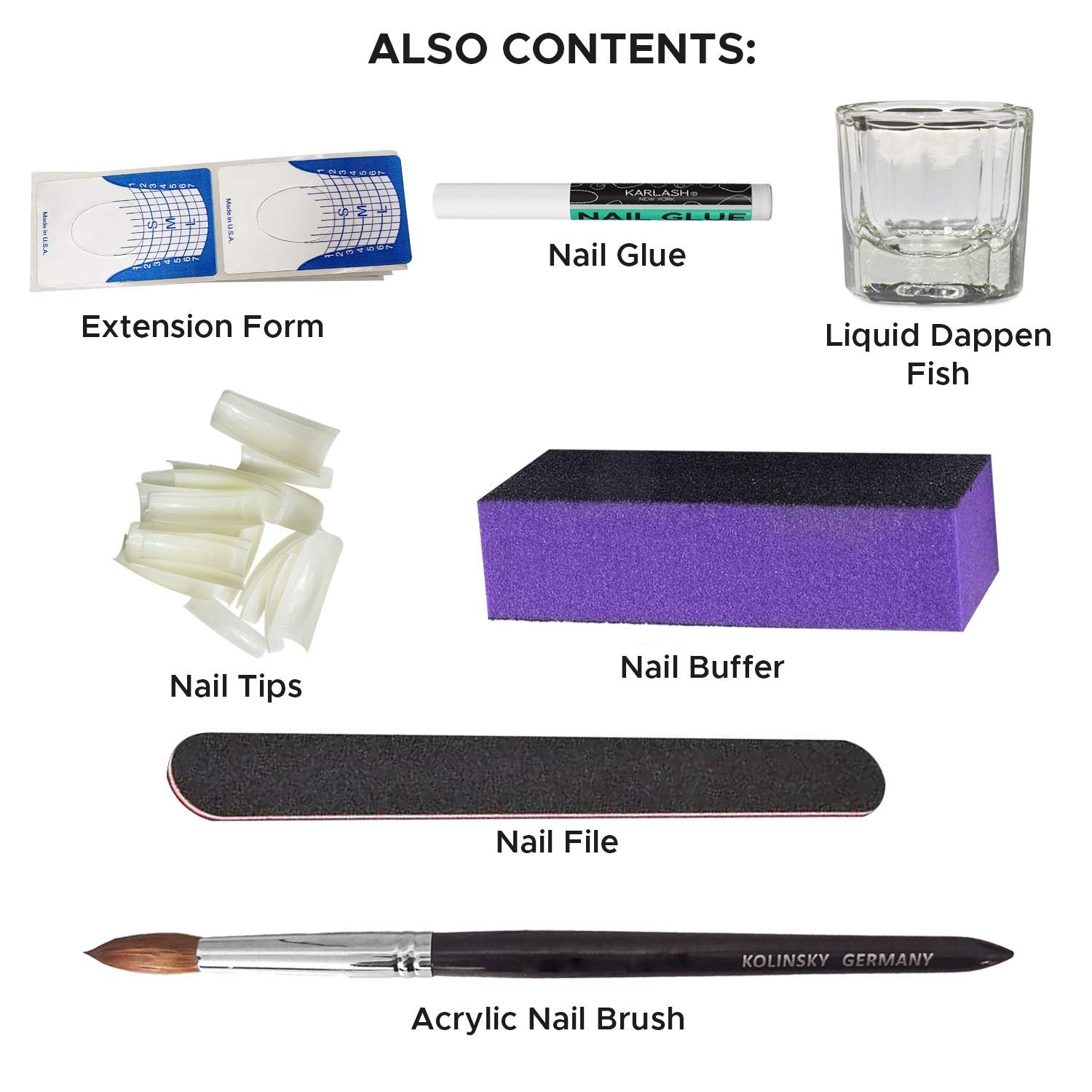 Karlash Professional Acrylic Nail Kit System (No MMA Liquid Monomer 8oz, Clear Powder 2oz, Natural Pink Powder 2oz, French White Powder 2oz, Nail Prep, Nail Bond, Acrylic Brush)
