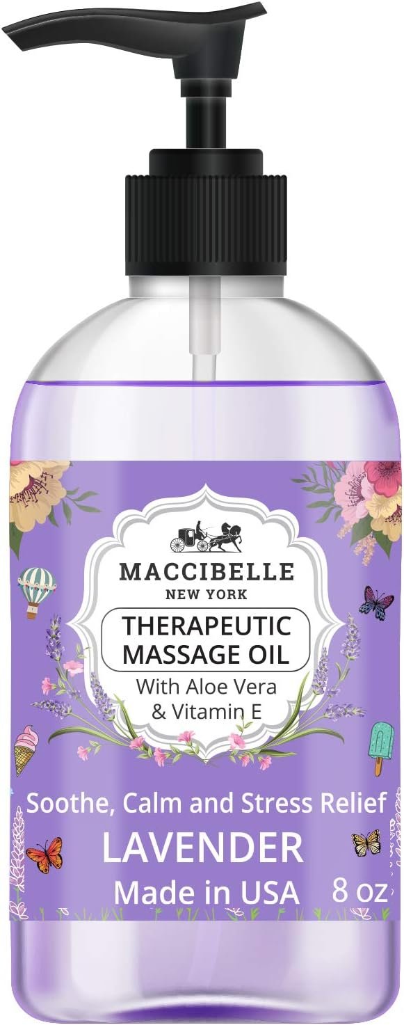 Maccibelle Natural Sensual Massage Oil for Couples Therapeutic and Aromatherapy Massage with Vitamin E, Aloe Vera and Lavender for Soothing, Calming and Muscle Relief 8 oz