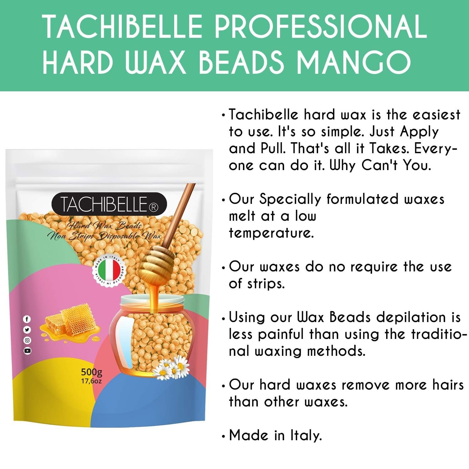 Easy to Use Hard Wax Beans, Hair Removal Full Body Brazilian Bikini Beads Waxing for Sensitive Skin Face Bikini Legs Eyebrow 500g/1.1 lb Made In Italy 2 Count