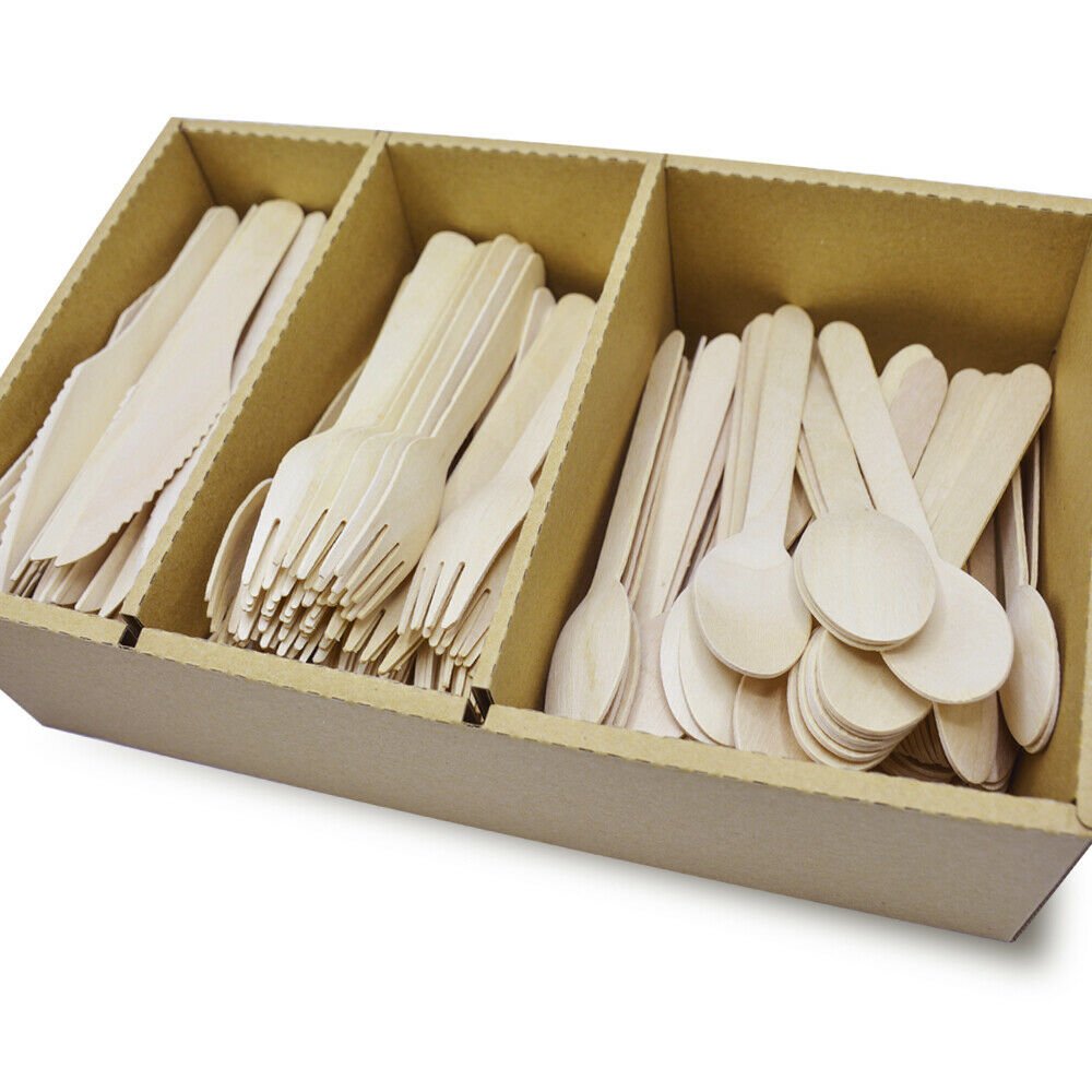Karlash Disposable Wooden Cutlery 300 pcs (100 Spoon + 100 Fork +100 Knife) Eco