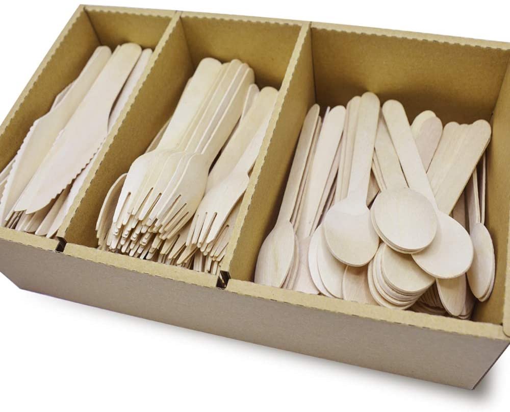 Karlash Disposable Wooden Cutlery 200 pcs (100 Spoon + 50 Fork + 50 Knife) Eco Friendly