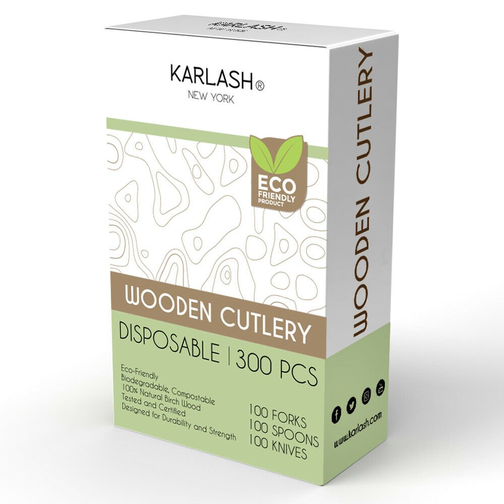 Karlash Disposable Wooden Cutlery 300 pcs (100 Spoon + 100 Fork +100 Knife) Eco