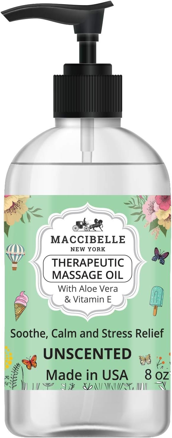 Maccibelle Unscented Natural Sensual Massage Oil for Couples Therapeutic Massage with Vitamin E and Aloe Vera a for Soothing, Calming and Muscle Relief - Fragrance Free- 8 oz