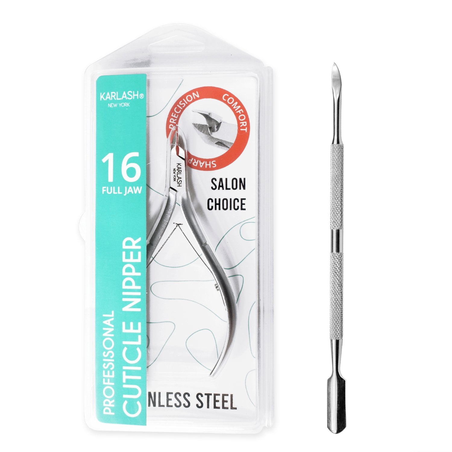 Karlash Professional Stainless Steel Cuticle Nipper FULL JAW 16 + Cuticle Pusher Stainless Steel and Nail Cleaner #14