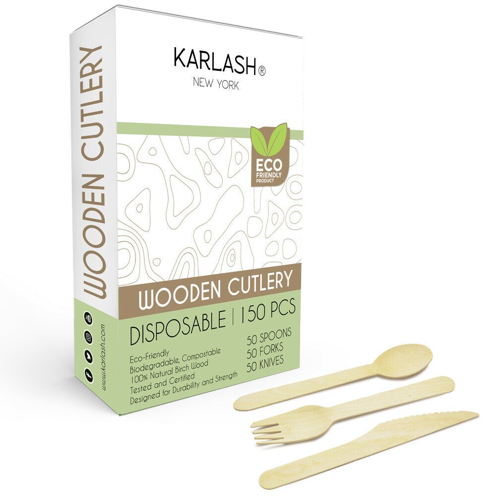 Karlash Disposable Wooden Cutlery 150 pcs (50 Spoon + 50 Fork +50 Knife) Eco Fri
