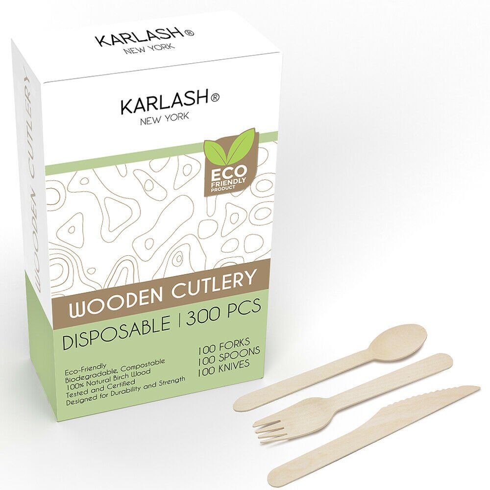 Karlash Disposable Wooden Cutlery 300 pcs (100 Spoon + 100 Fork +100 Knife) Eco