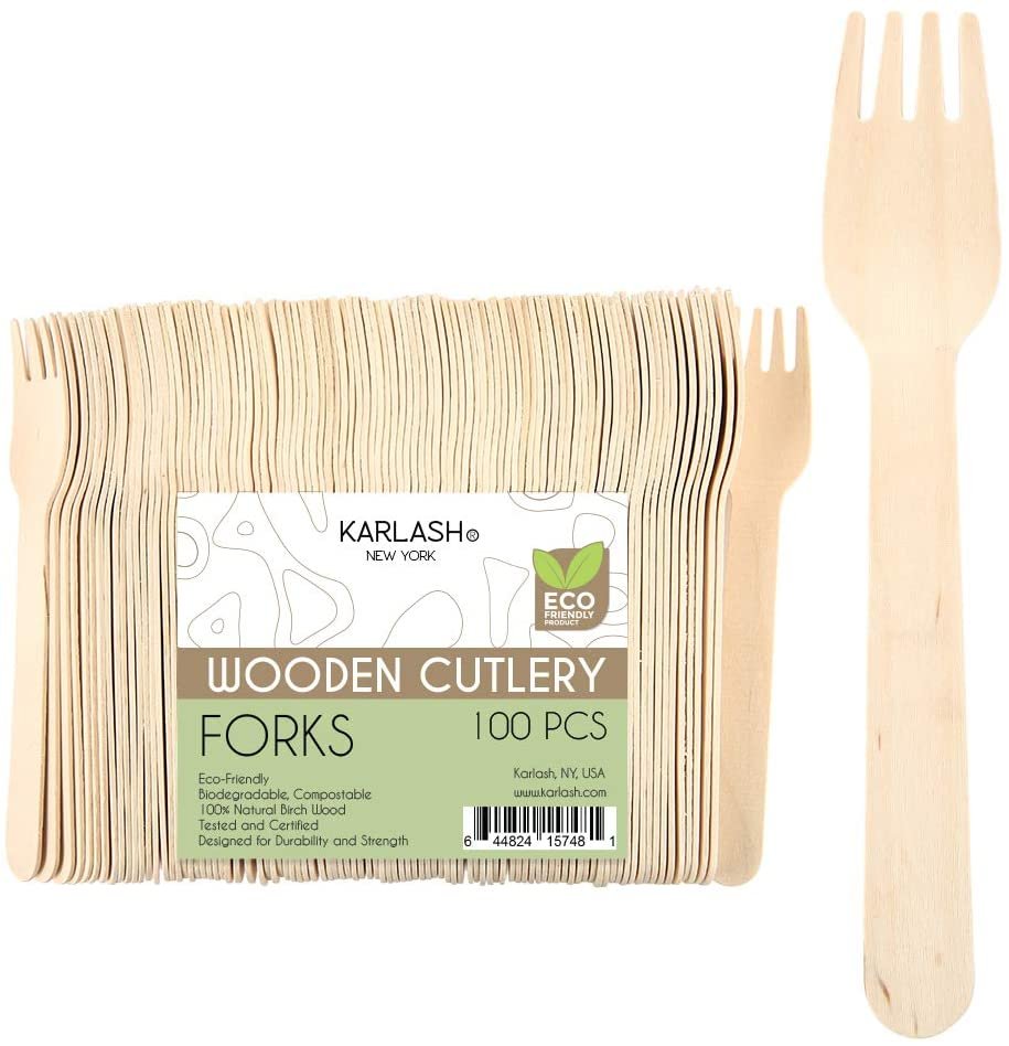 Karlash Disposable Wooden Forks 100 PCS Smooth and Round Surface Eco Friendly