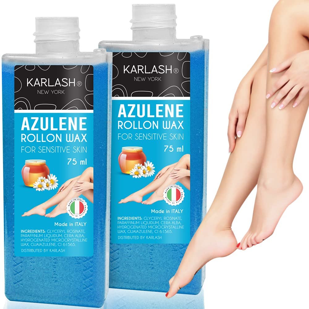 Karlash Professional Azulene Roll On Wax for Sensitive Skin, Depilatory Hair Wax Removal for Body Hair, legs, arms hair Removal Wax Cartridge 75 ml Honey - Made in Italy - 2 Pieces