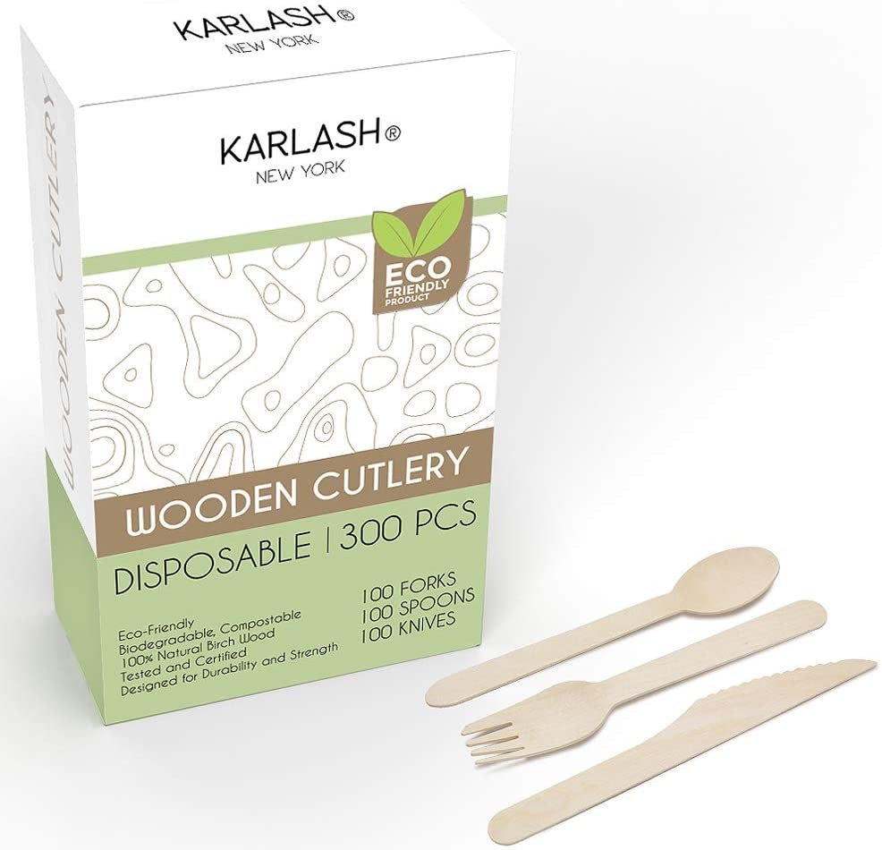 Karlash Disposable Wooden Cutlery 300 pcs (100 Spoon + 100 Fork +100 Knife) Eco