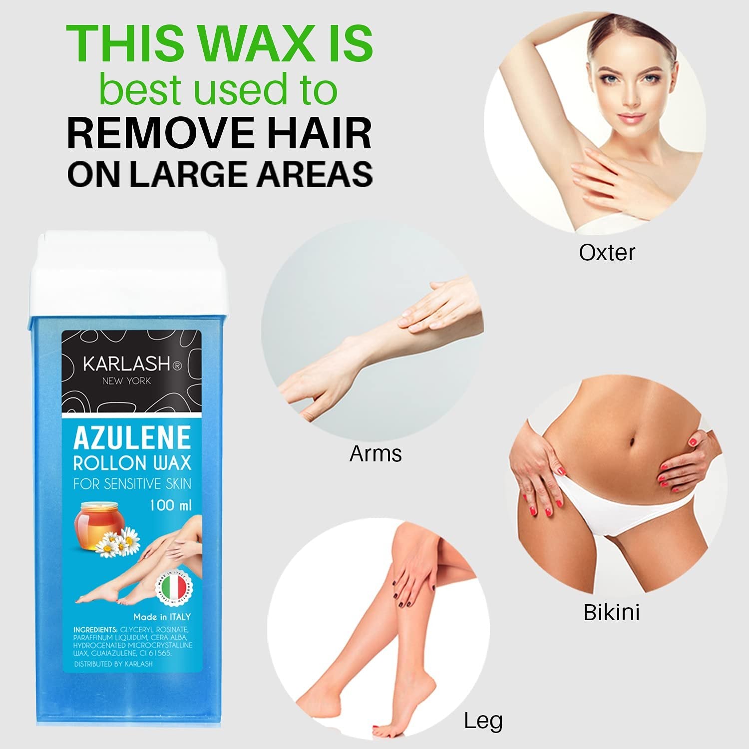 Karlash Professional Azulene Roll On Wax for Sensitive Skin, Depilatory Hair Wax Removal for Body Hair, legs, arms hair Removal Wax Cartridge 100 ml Honey - Made in Italy - 2 Pieces