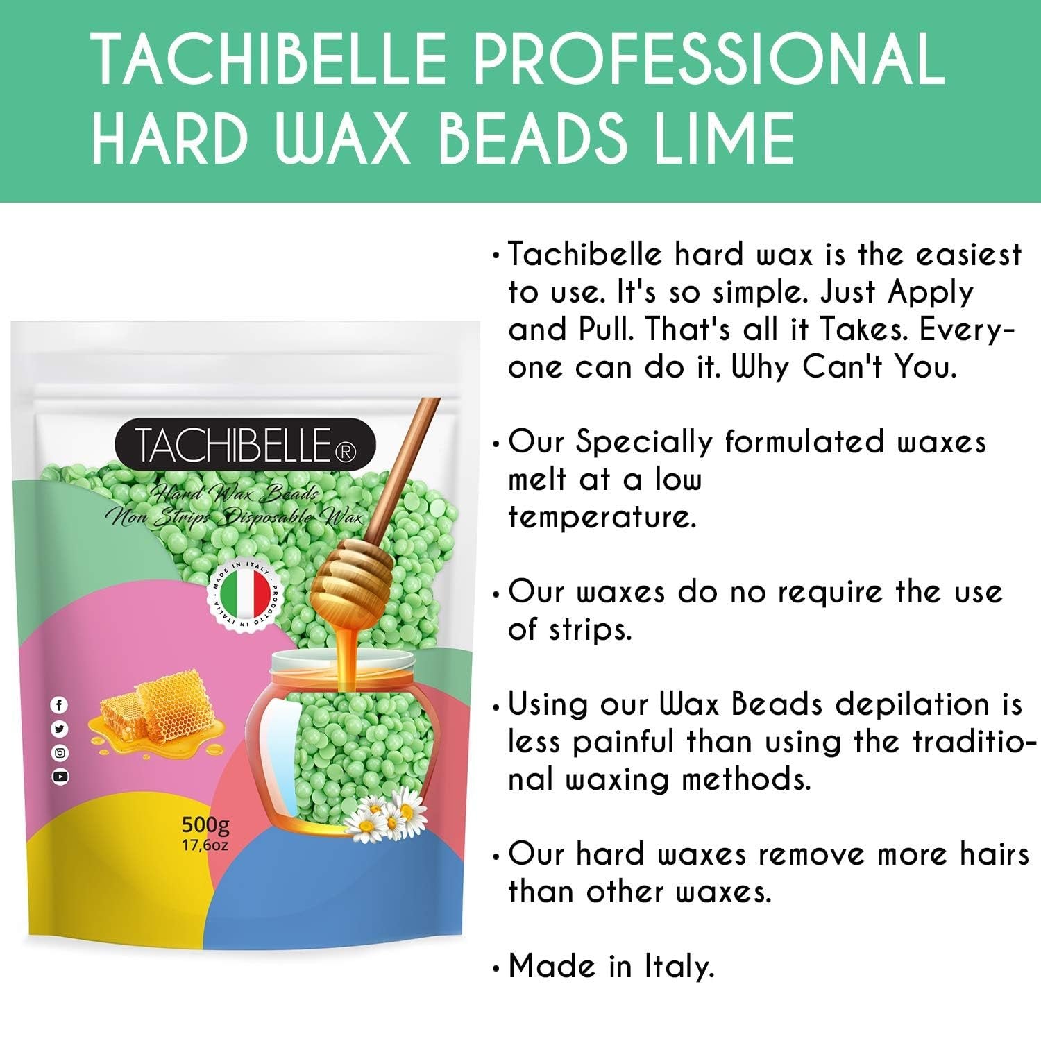 Easy to Use Hard Wax Beans, Hair Removal Full Body Brazilian Bikini Beads Waxing for Sensitive Skin Face Bikini Legs Eyebrow 500g/1.1 lb Made In Italy 2 Count