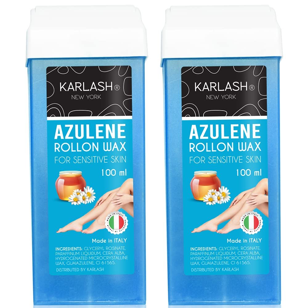 Karlash Professional Azulene Roll On Wax for Sensitive Skin, Depilatory Hair Wax Removal for Body Hair, legs, arms hair Removal Wax Cartridge 100 ml Honey - Made in Italy - 2 Pieces
