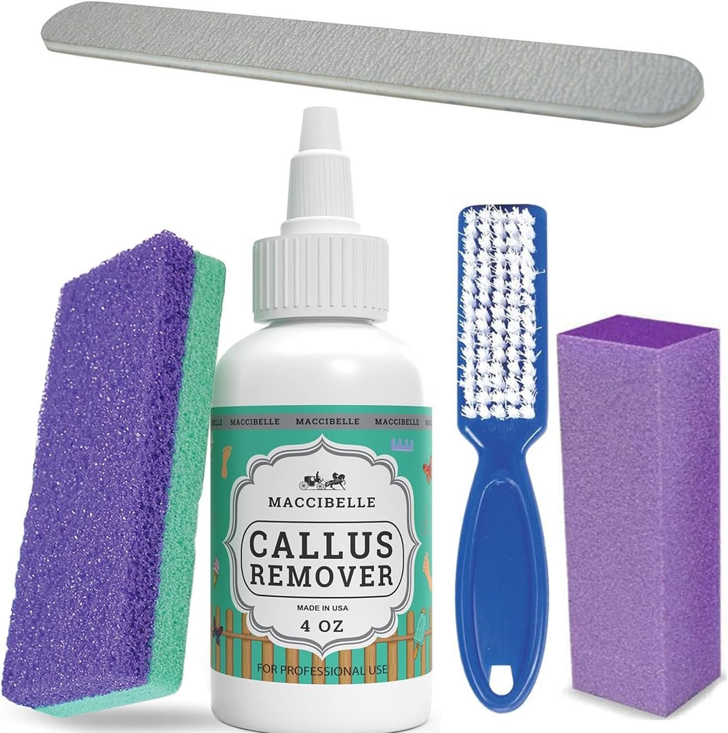 Maccibelle Callus Remover Extra Strength Callus Eliminator for Feet, Professional Callus and Corn Eliminator Gel 4 oz (Kit: Pumice Stone, Nail Buffer, Nail File, Manicure Brush)