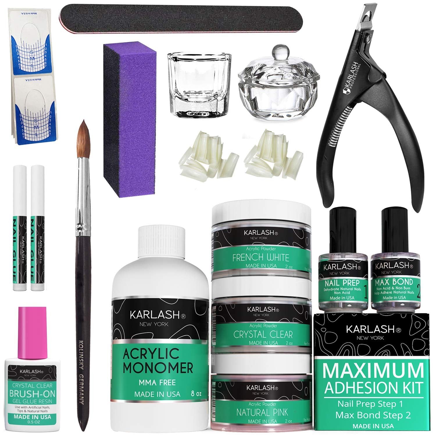 Karlash Professional Acrylic Nail Kit System (No MMA Liquid Monomer 8oz, Clear Powder 2oz, Natural Pink Powder 2oz, French White Powder 2oz, Nail Prep, Nail Bond, Acrylic Brush)