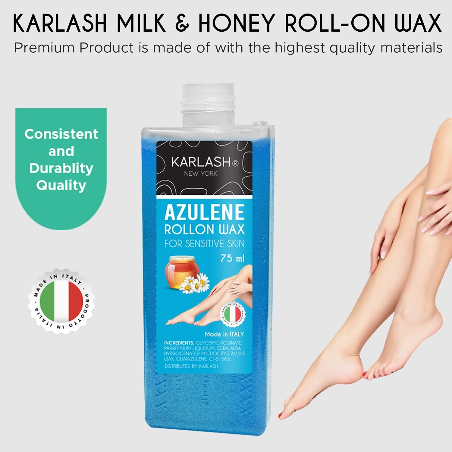 Karlash Professional Azulene Roll On Wax for Sensitive Skin, Depilatory Hair Wax Removal for Body Hair, legs, arms hair Removal Wax Cartridge 75 ml Honey - Made in Italy - 2 Pieces
