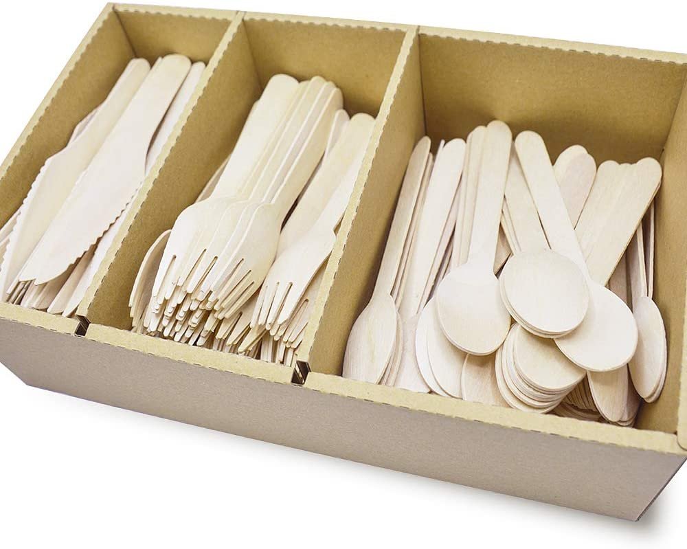 Karlash Disposable Wooden Cutlery 200 pcs (100 Fork + 50 Spoon + 50 Knife) Eco Friendly