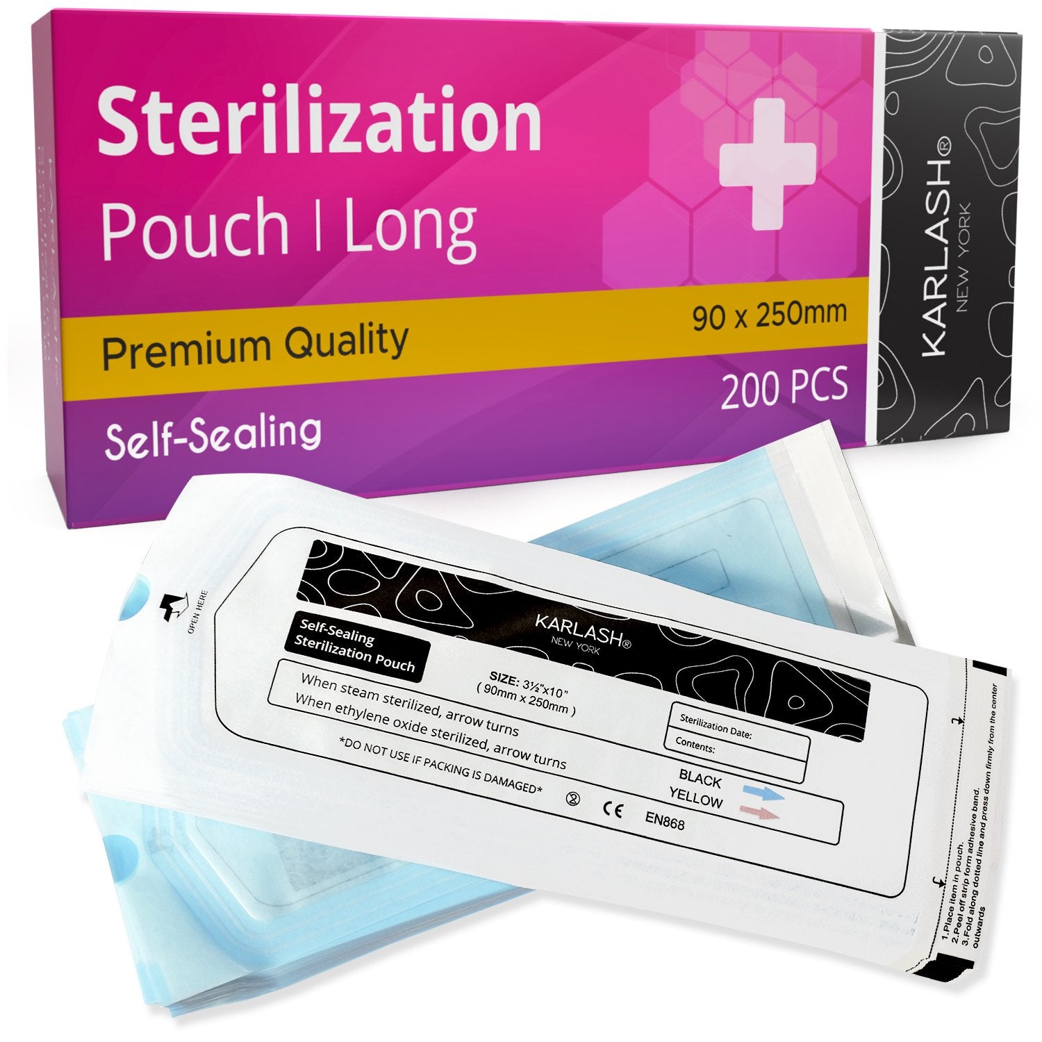 Karlash Self Seal Sterilization Pouch For Dental Tools, Sterilizing Salon Supplies - LONG 3.5" x 9.8" 200pc/pk