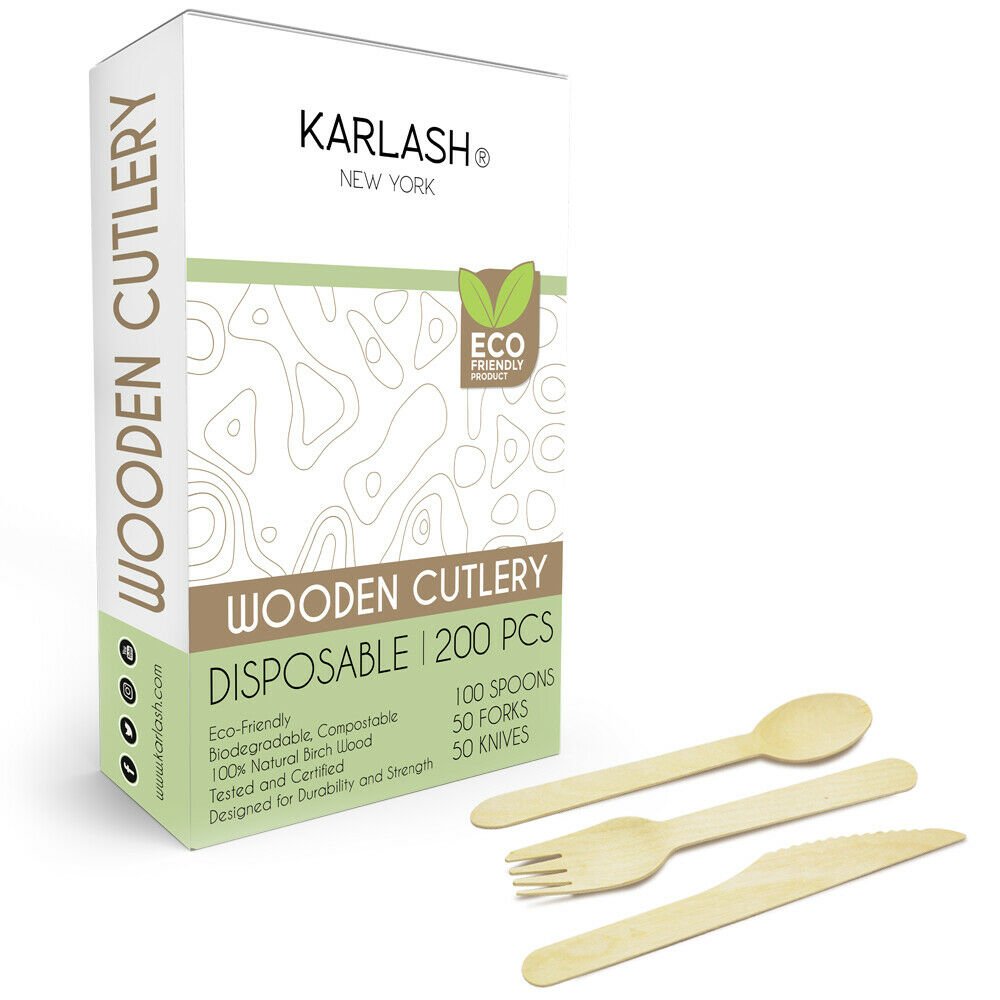 Karlash Disposable Wooden Cutlery 200 pcs (100 Spoon + 50 Fork + 50 Knife) Eco Friendly